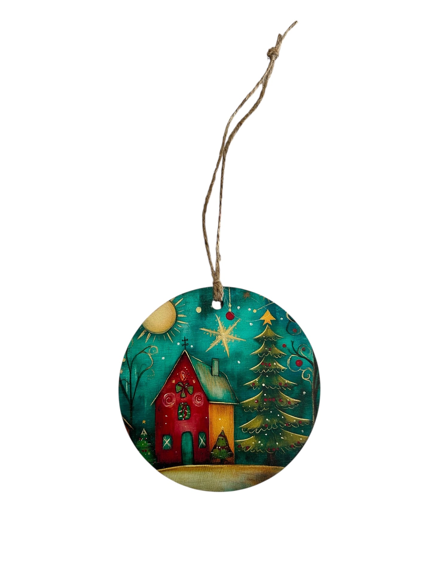Folk Art Christmas House -Vintage Style Wood Ornament