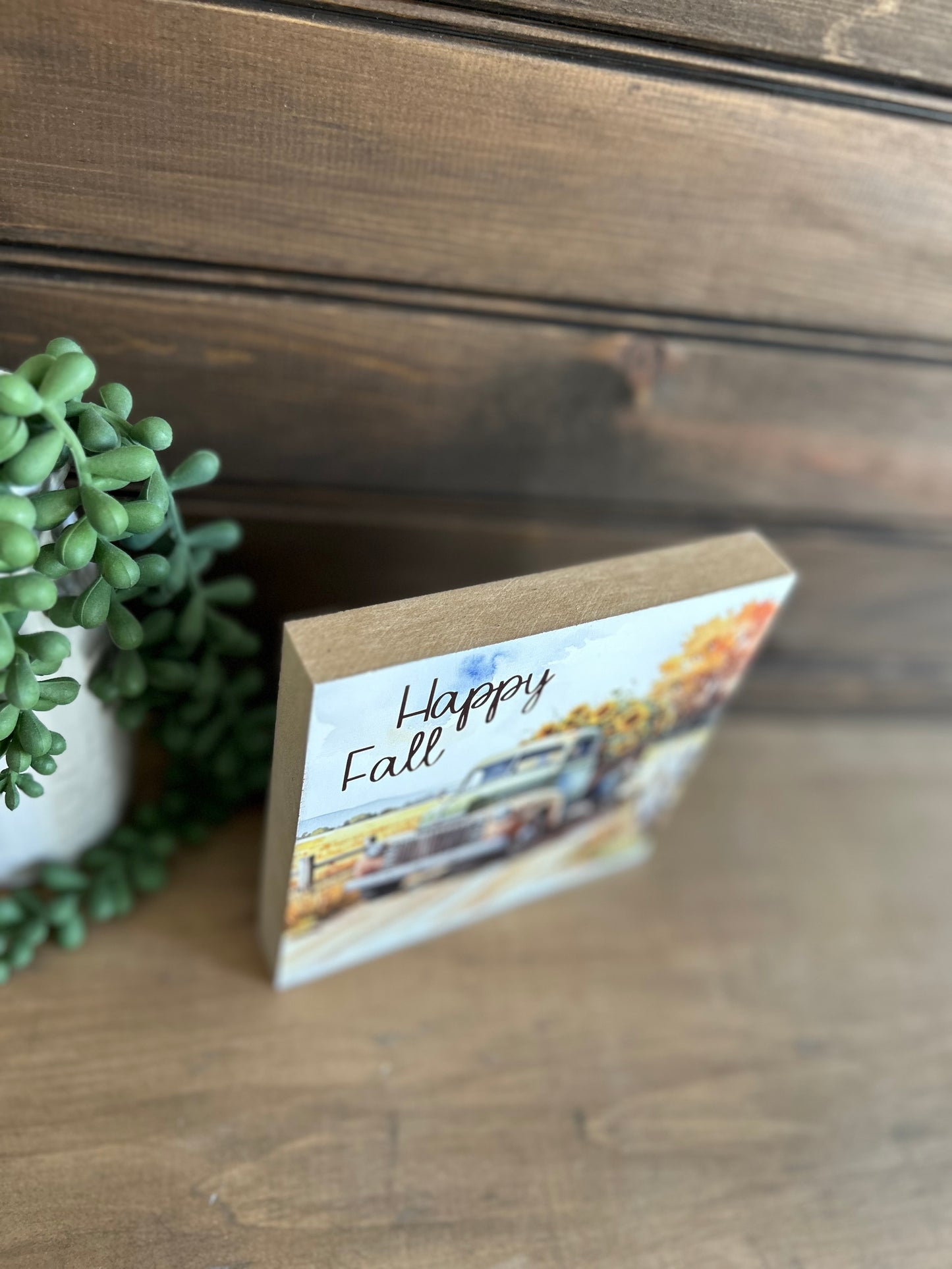 Happy Fall Vintage Truck with Sunflowers Wood Sign