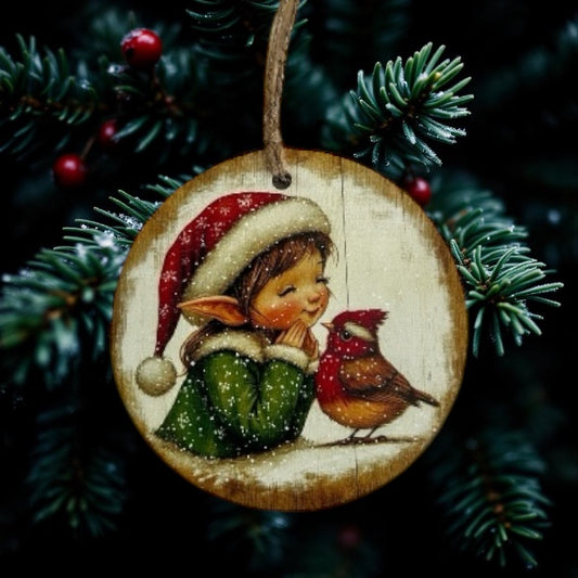 Elf with Bird -Vintage Style Wood Ornament