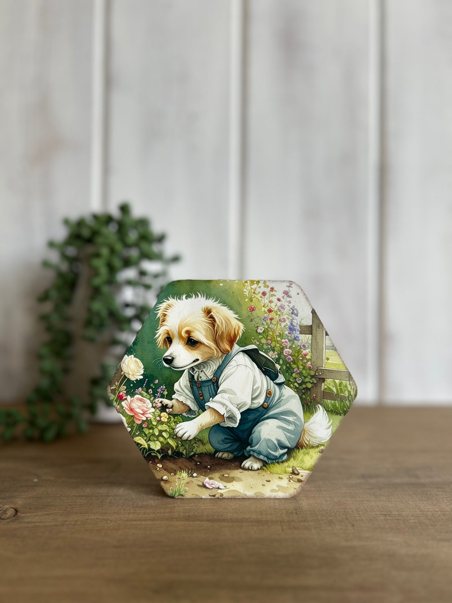 Dog Gardening - Rustic Spring Decor Hexagon Wood Sign