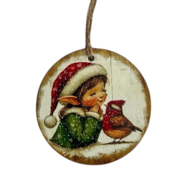 Elf with Bird -Vintage Style Wood Ornament