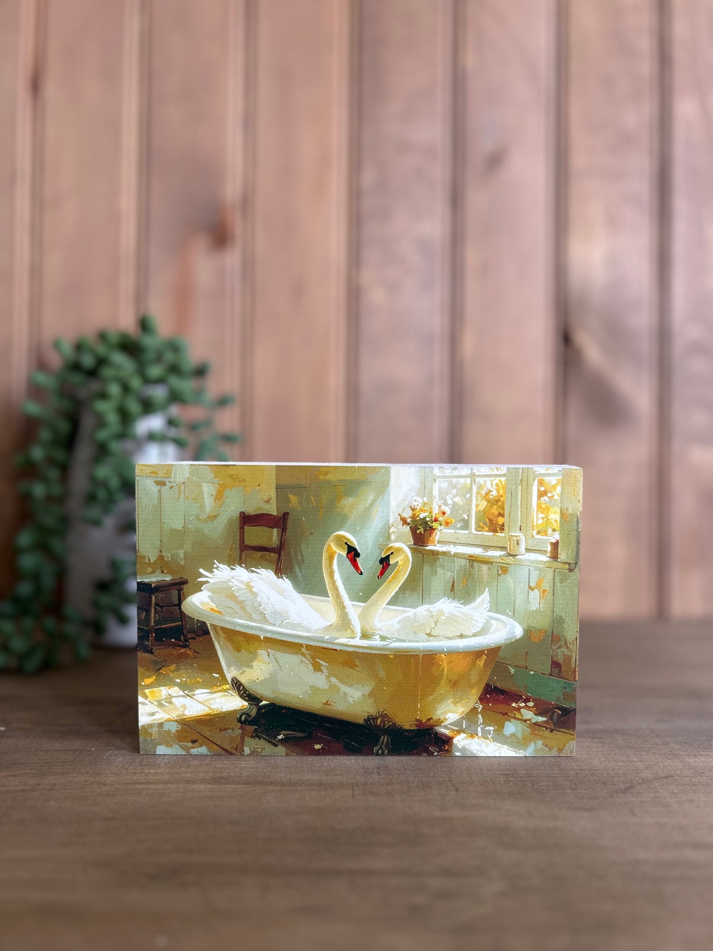 Swans in Tub - Rustic Animal Spring Decor Wood Sign