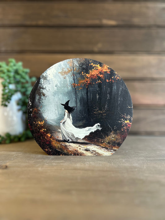 White Witch in Woods -Halloween/Fall Decor Circle Wood Sign