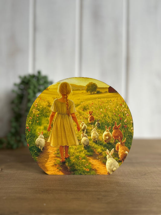 Sunset Bunny Walk - Wood Spring Decor Circle Sign