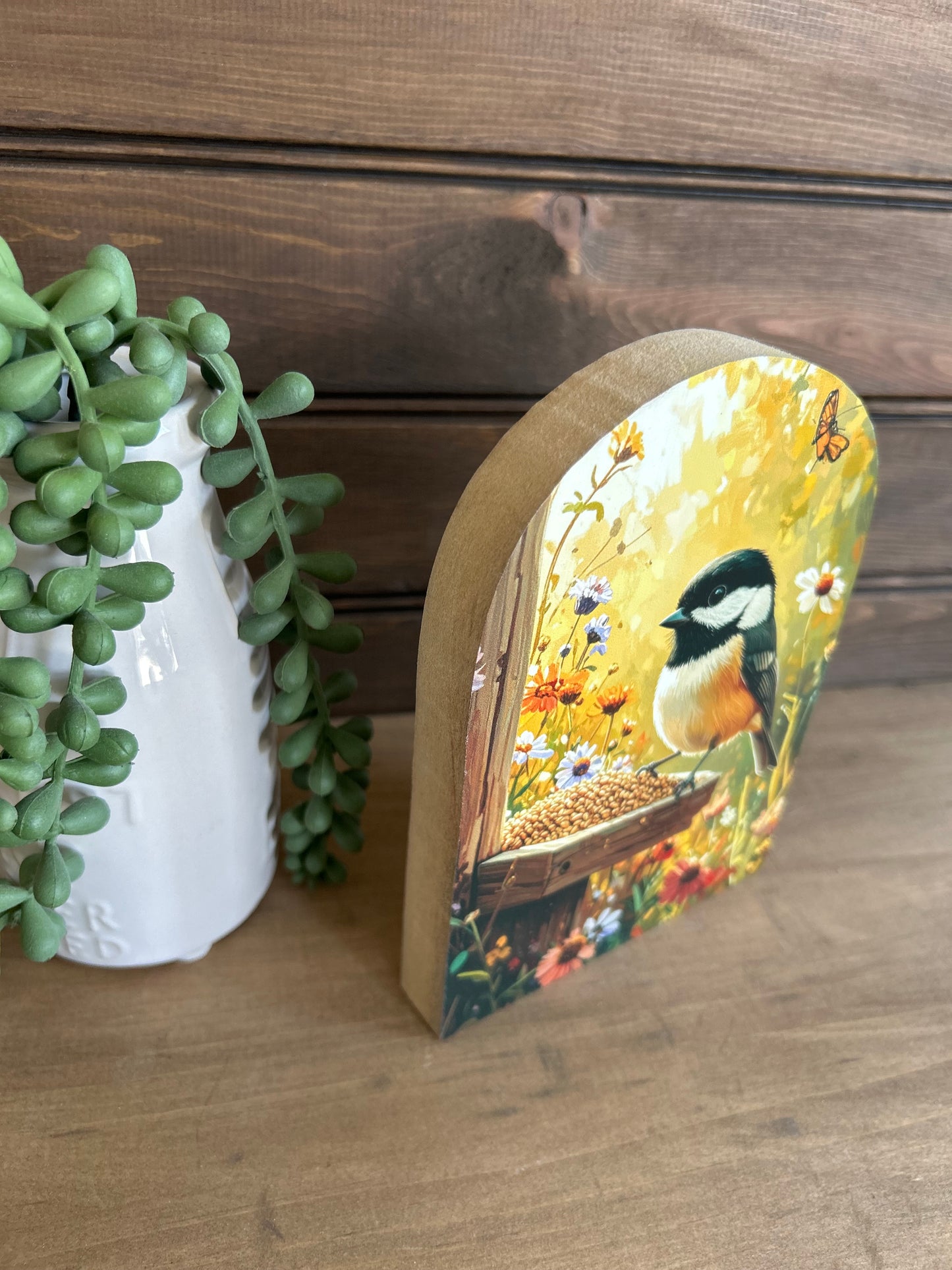 Chickadee at Feeder Wood Arch- Farmhouse Country Decor