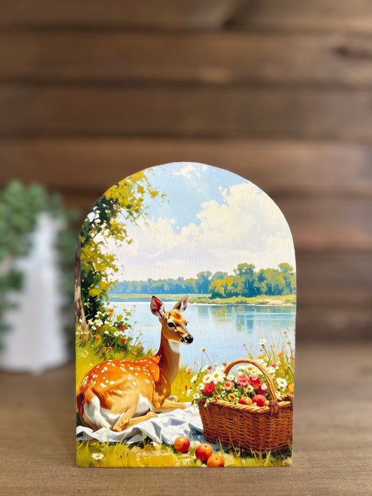 Deer Having Picnic Wood Arch - Farmhouse Country Decor
