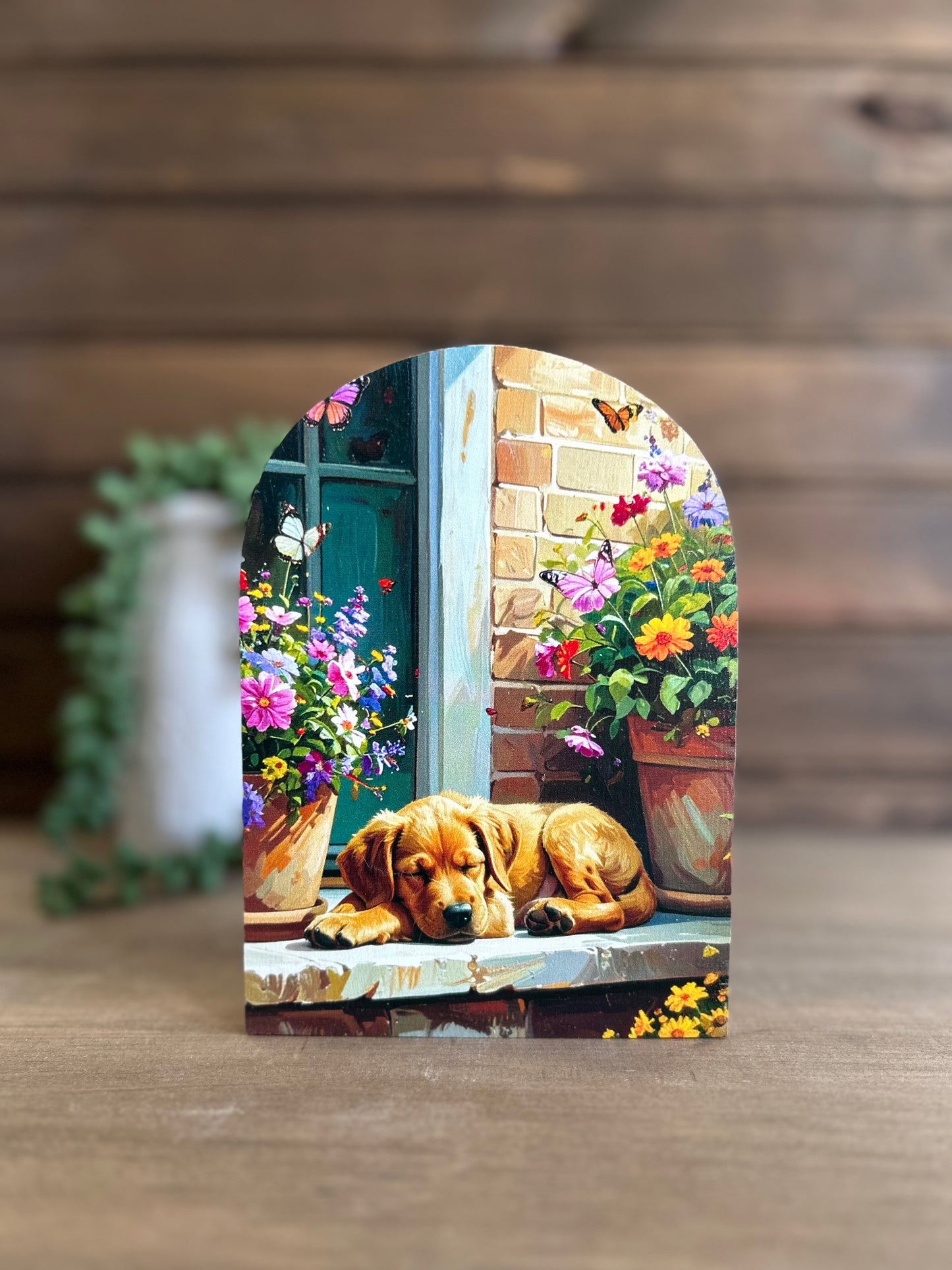 Dog on Porch Wood Arch- Farmhouse Country Animal Decor