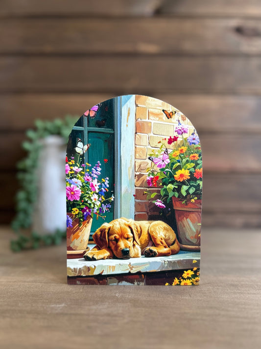 Dog on Porch Wood Arch- Farmhouse Country Animal Decor