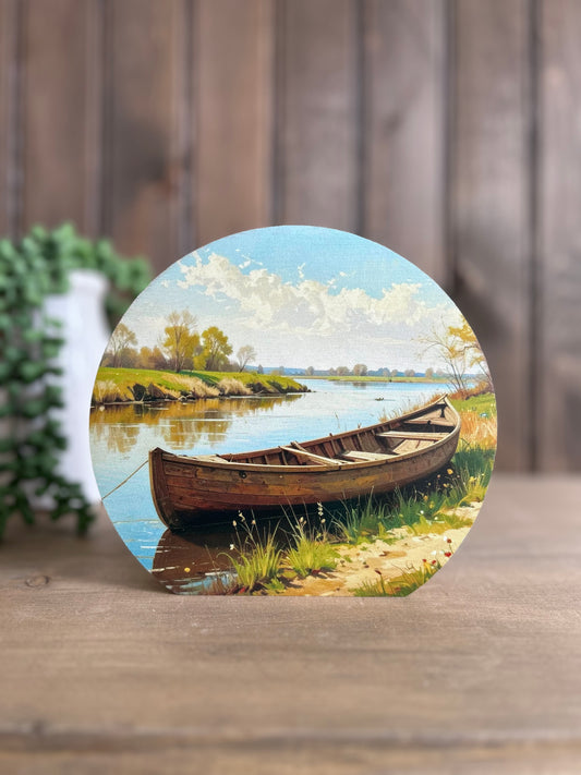 Canoe By River - Rustic Country Decor Circle Wood Sign