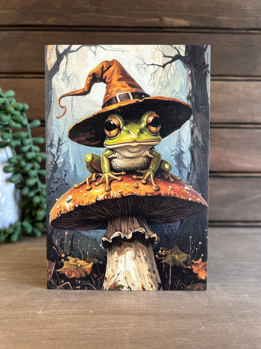Frog Witch on Mushroom-Fall/Halloween Decor Rustic Wood Sign