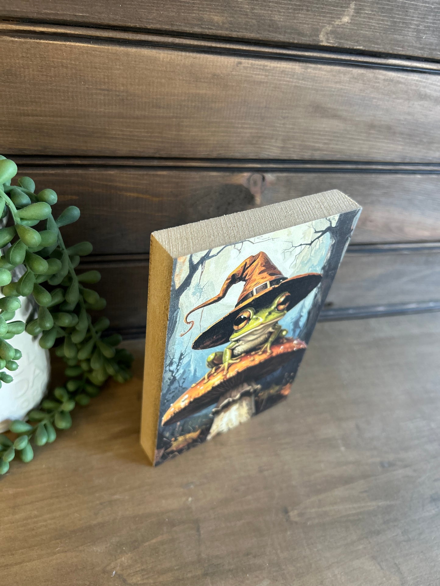 Frog Witch on Mushroom-Fall/Halloween Decor Rustic Wood Sign