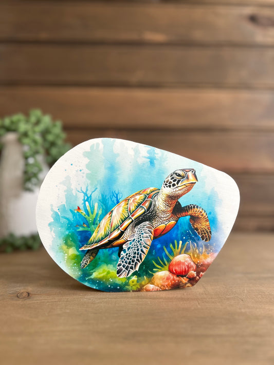 Sea Turtle Abstract Wood Sitter - Coastal/Beach Decor