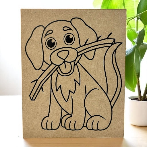 DIY Wood Coloring Book Page - Dog Holding Stick