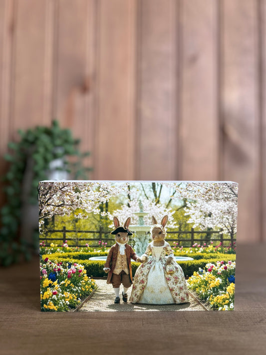 Colonial Bunny Couple- Rustic Animal Spring Decor Wood Sign