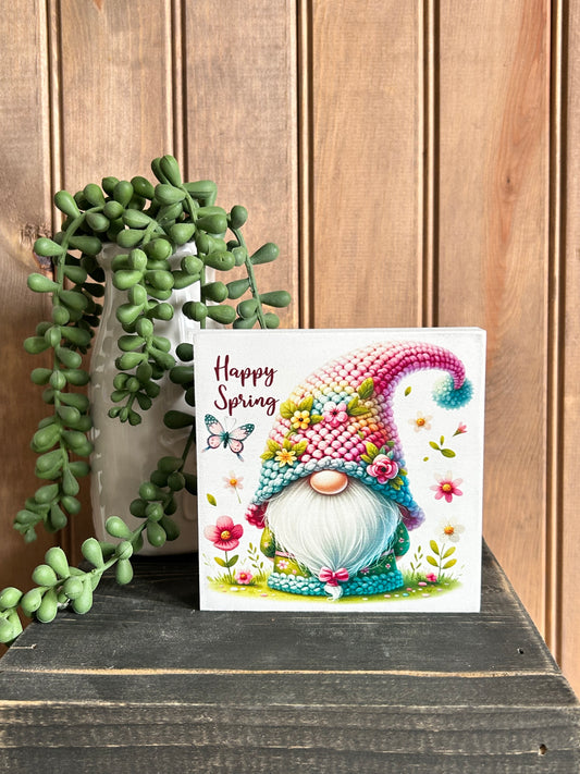 Happy Spring Gnome- Spring Home Decor Wood Block Sign