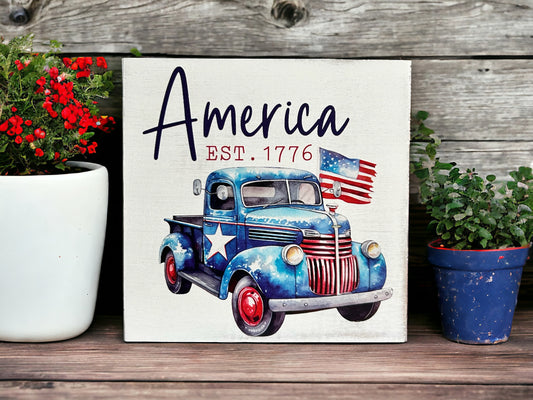 Vintage Truck - Americana Patriotic Wood Sign