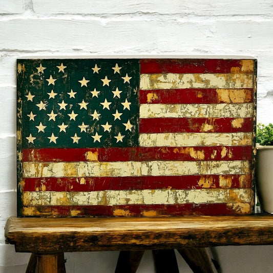 Folk Art American Flag- Patriotic Decor Rustic Wood Sign