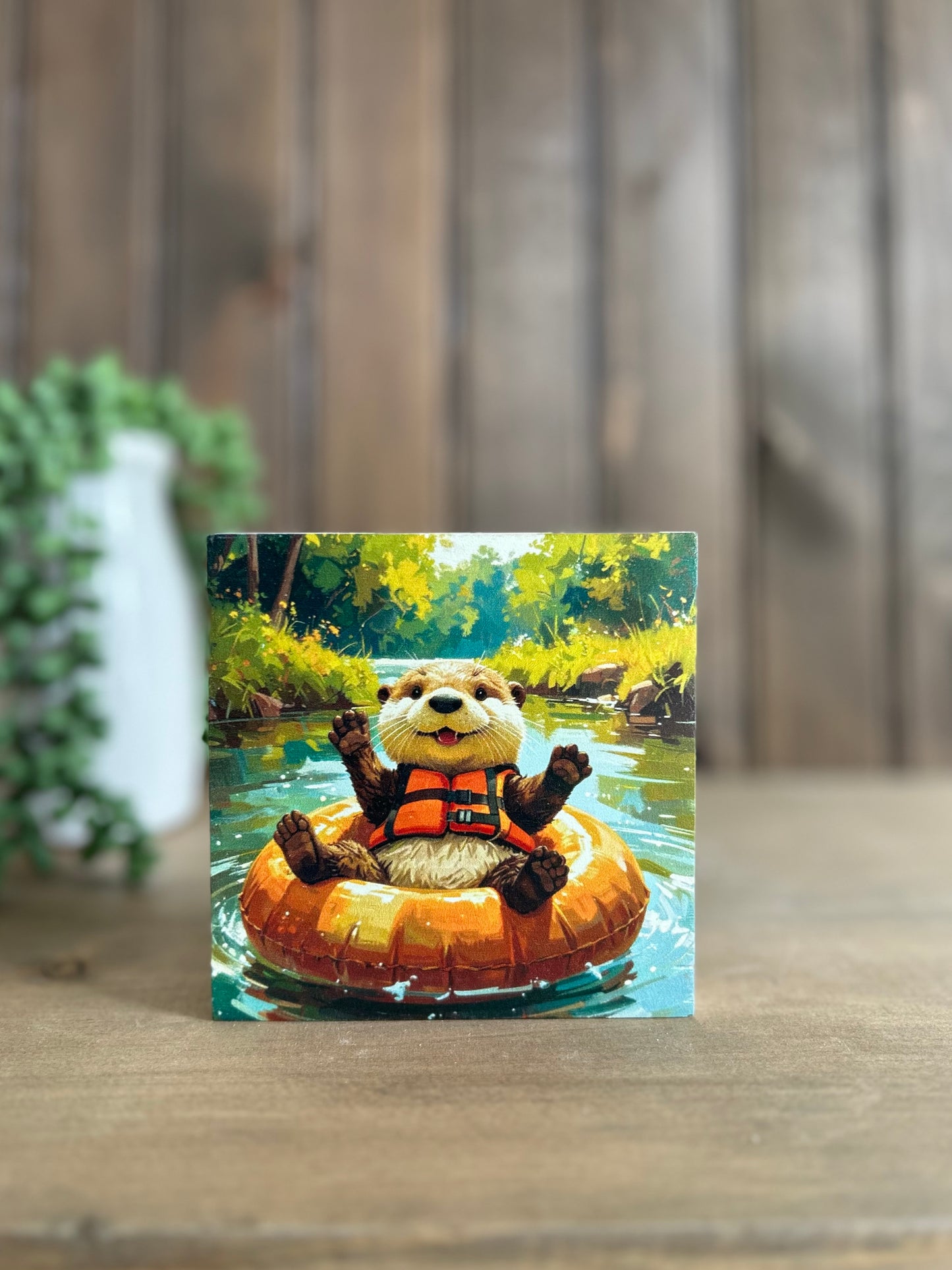 Otter Floating in Tube - Rustic Summer Decor Wood Sign