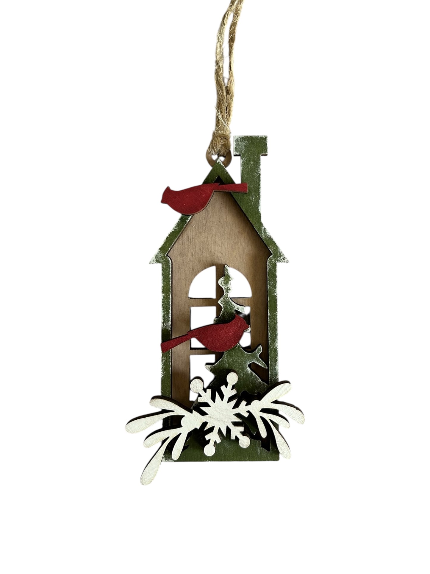 Cardinals on House- Layered Wood Christmas Ornament