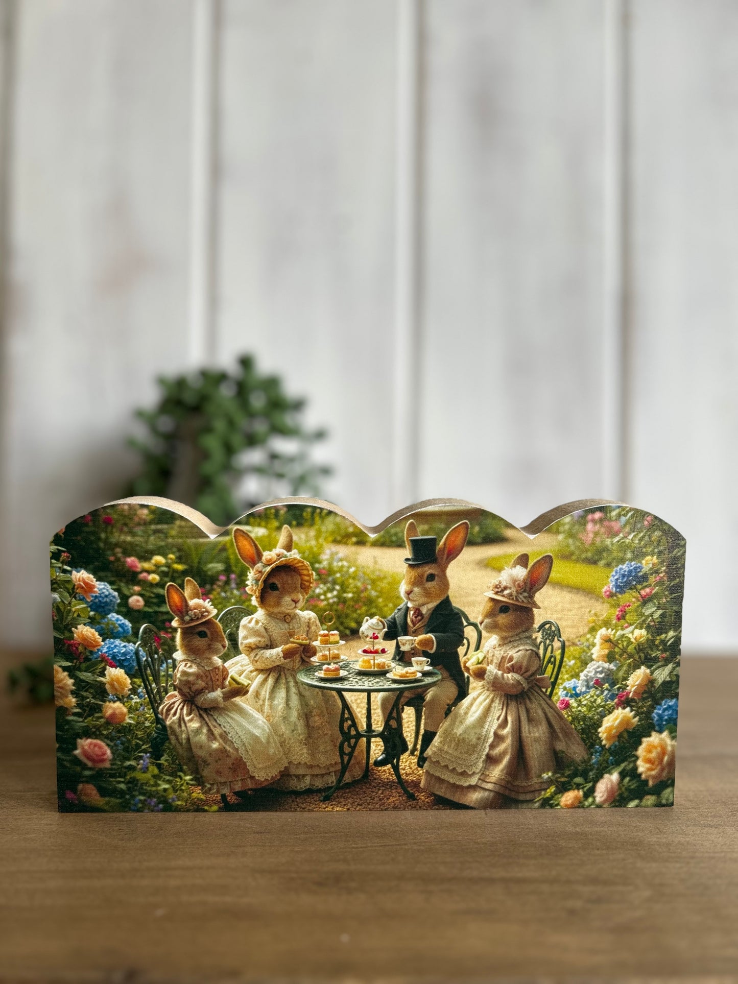 Bunny Tea Party - Rustic Spring Decor Scalloped Wood Sign