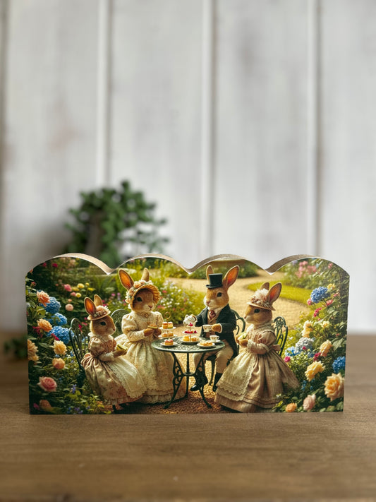 Bunny Tea Party - Rustic Spring Decor Scalloped Wood Sign
