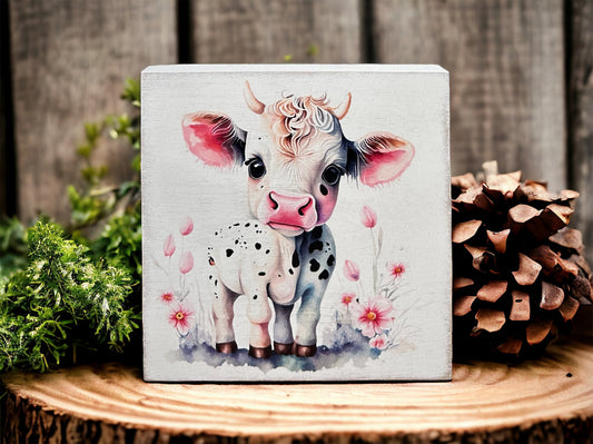 Adorable Young Cow Wood Block Sign