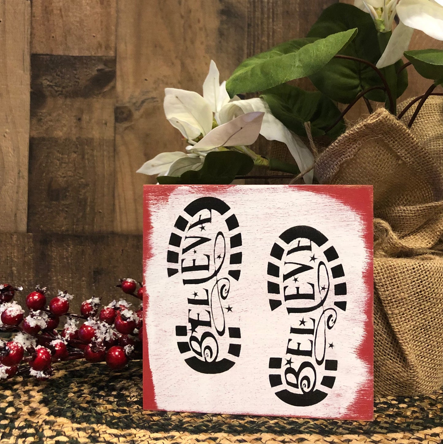 Rustic/Primitive Santa Bootprints Holiday Shelf Sitter