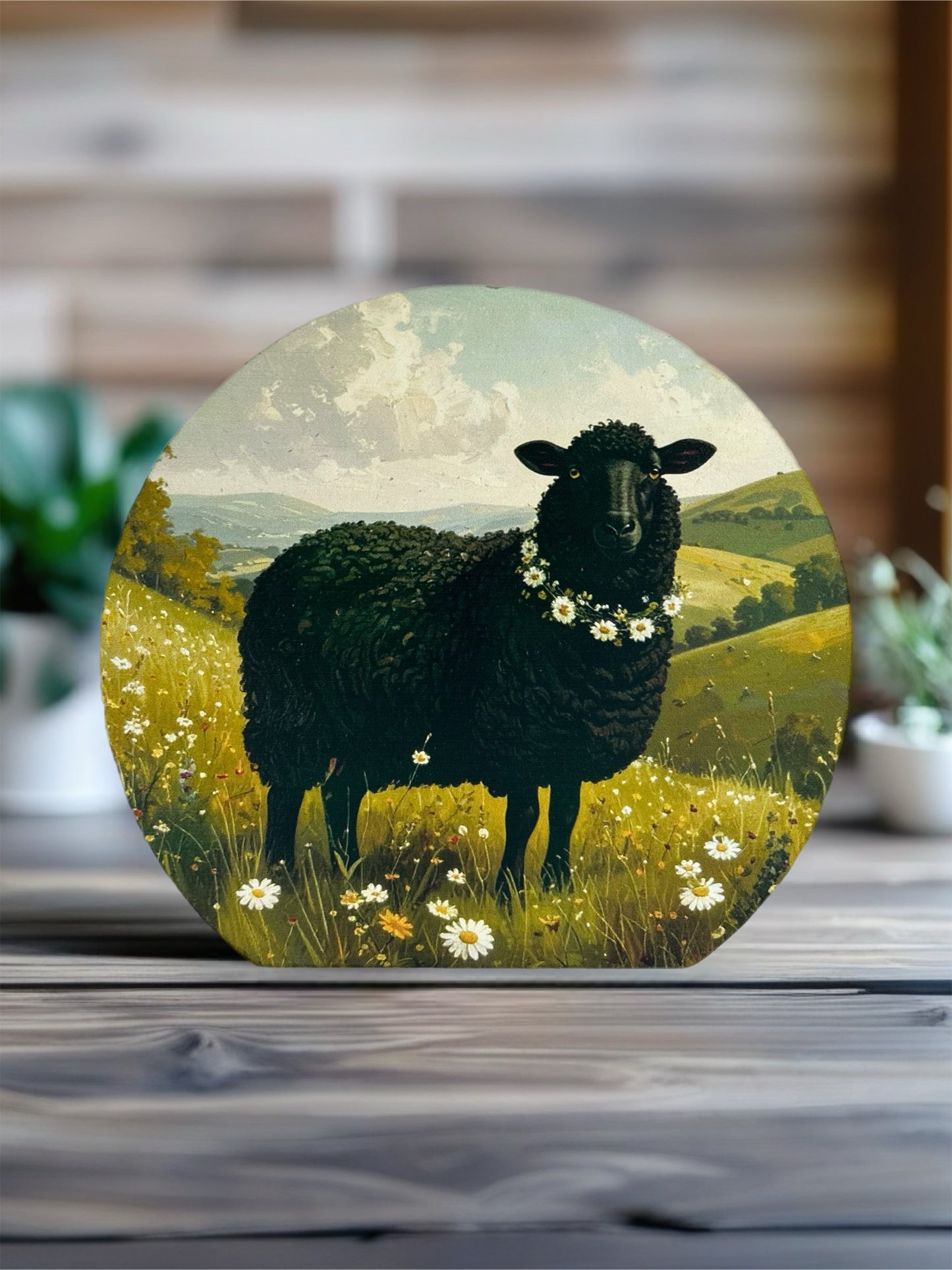 Black Sheep Wearing Flowers - Rustic Spring Decor Wood Sign