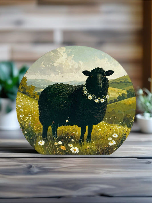 Black Sheep Wearing Flowers - Rustic Spring Decor Wood Sign