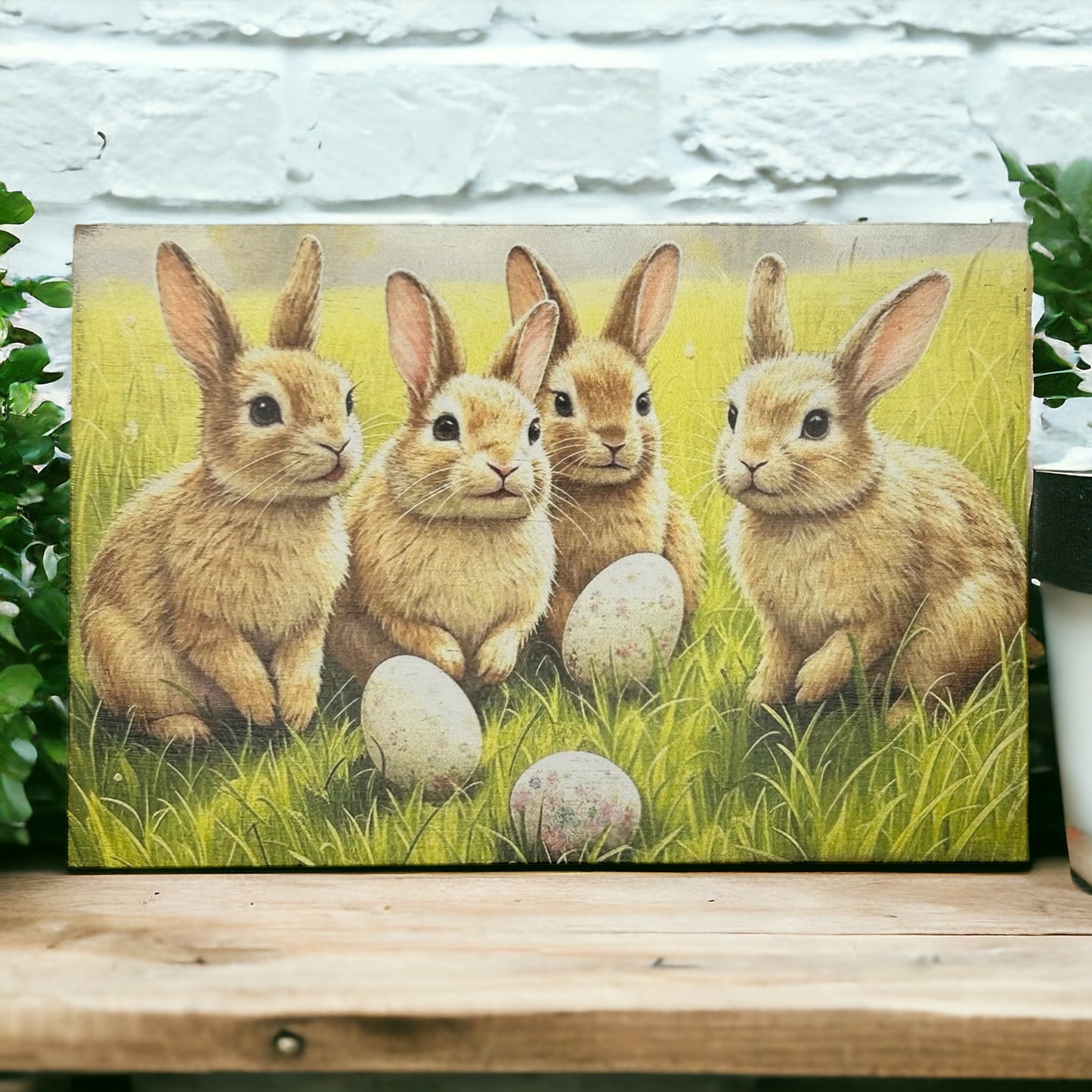 Vintage Bunny Crew Hunting Easter Eggs - Rustic Spring Sign