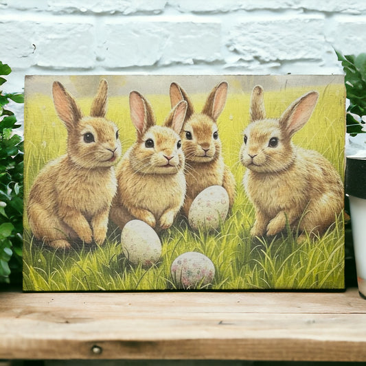 Vintage Bunny Crew Hunting Easter Eggs - Rustic Spring Sign