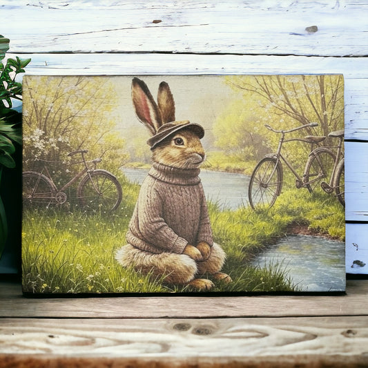 Vintage Hare by River Bank - Spring Decor Wood Sign