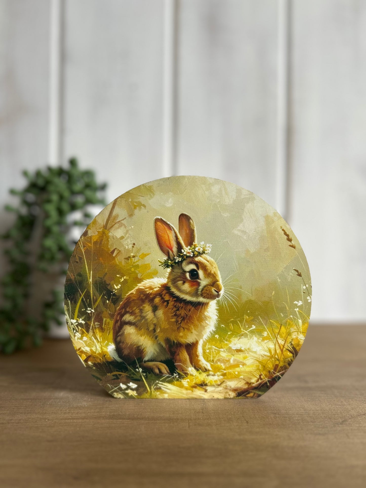 Bunny Wearing Flower Crown - Rustic Spring 2026 Decor Wood