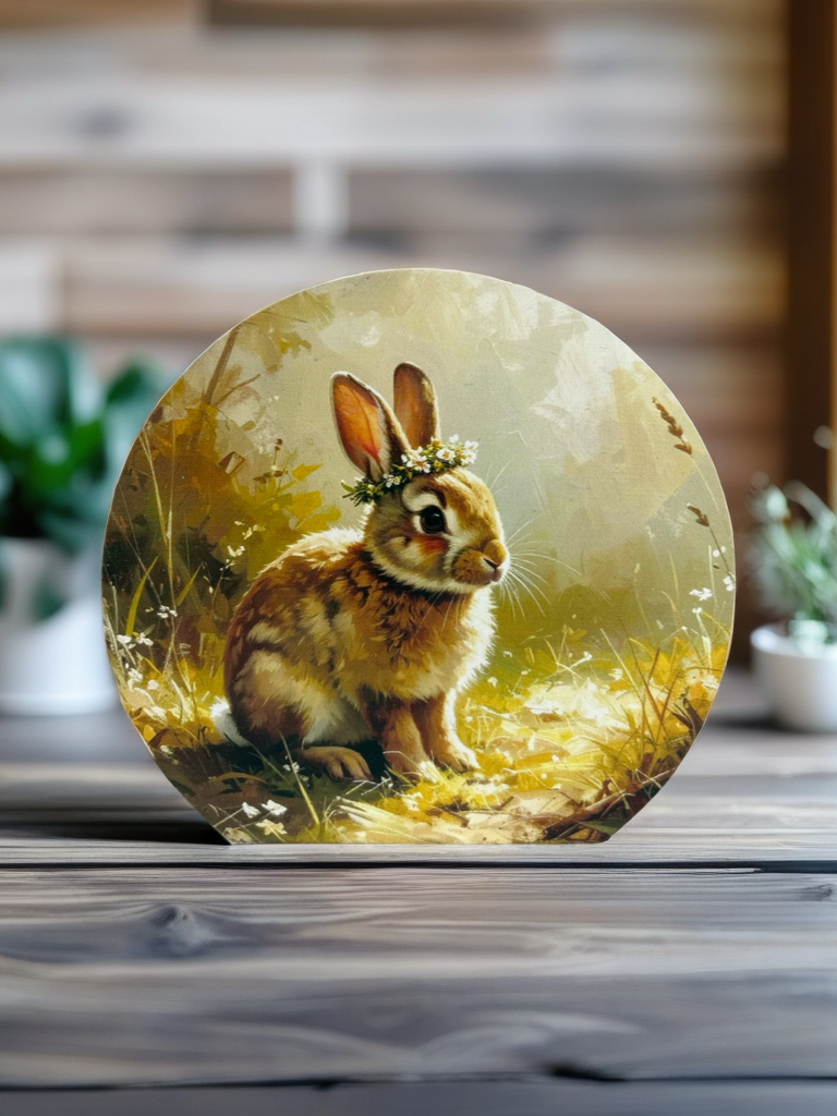 Bunny Wearing Flower Crown - Rustic Spring 2026 Decor Wood
