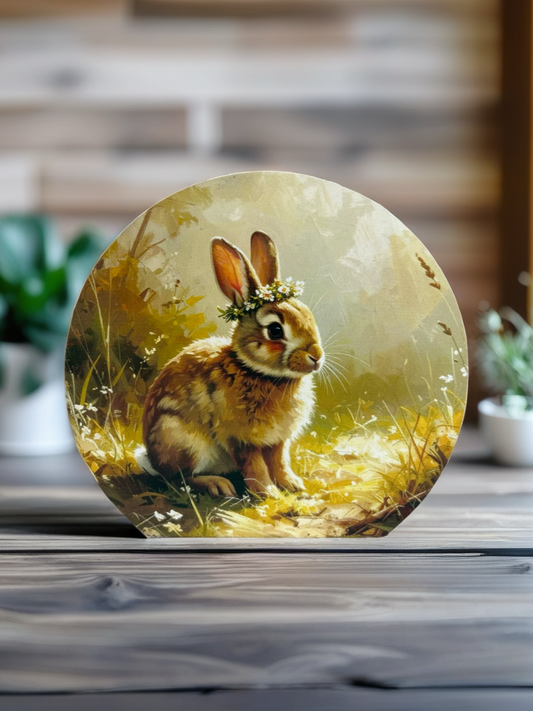 Bunny Wearing Flower Crown - Rustic Spring 2026 Decor Wood