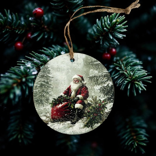 Santa in the Woods -Vintage Style Wood Ornament