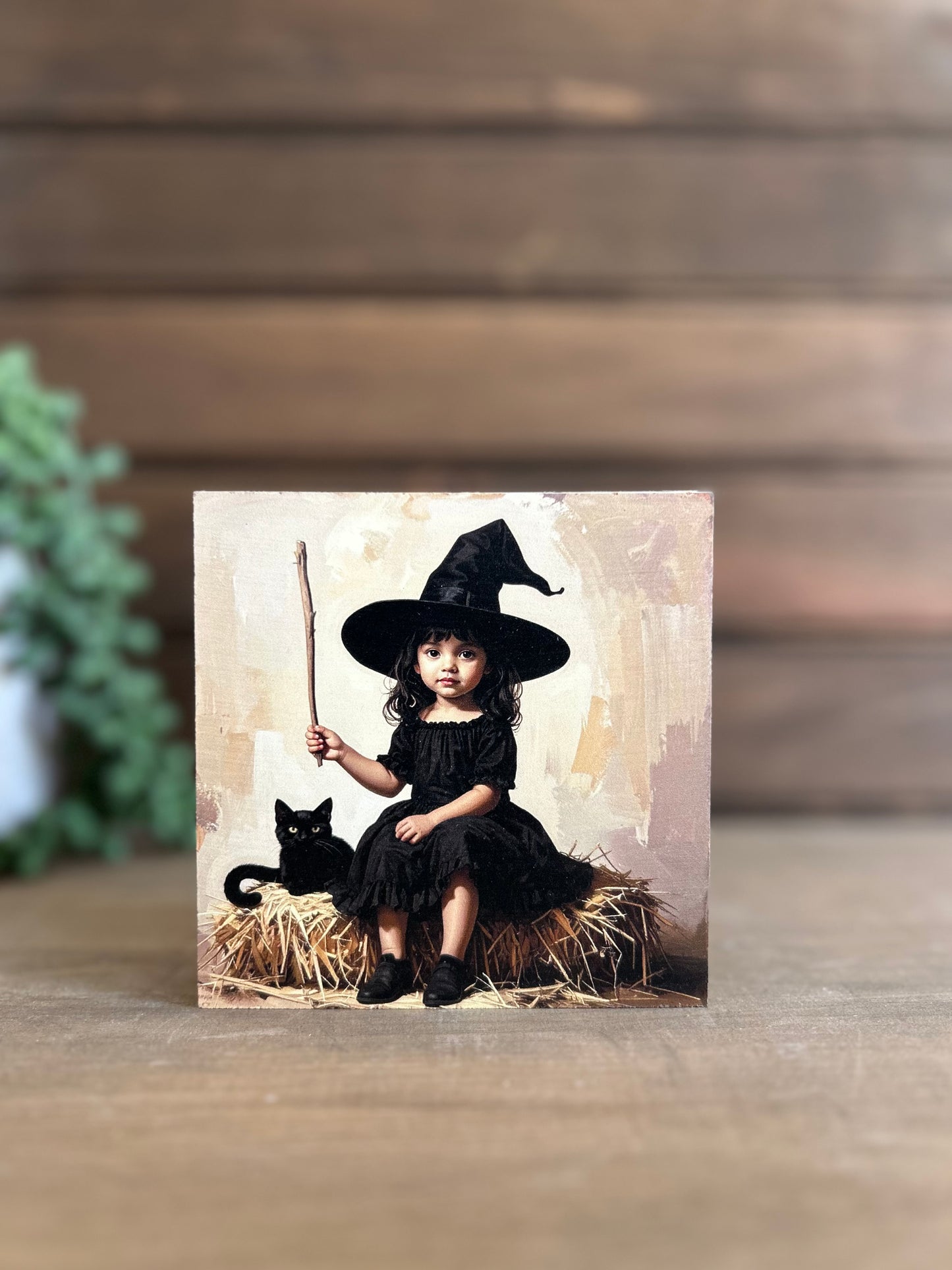 Little Black Witch with Cat Wood Sign - Halloween Home Decor