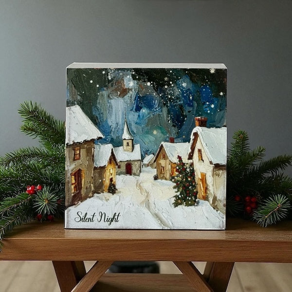 Silent Night - Rustic Wood Block Sign Winter Snowman Decor