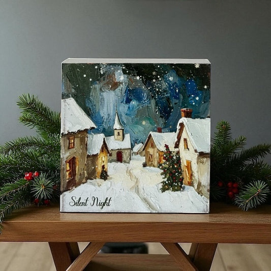 Silent Night - Rustic Wood Block Sign Winter Snowman Decor