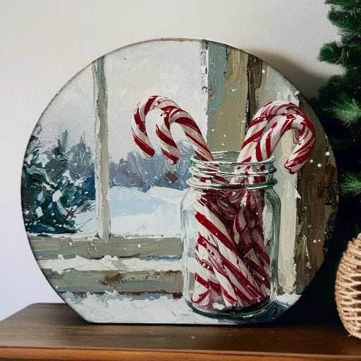 Candy Cane Jar in Window - Wood Holiday Decor Circle Sign