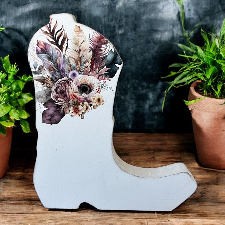 Boho Flowers on Wood Cowgirl Boot - Spring Country Decor