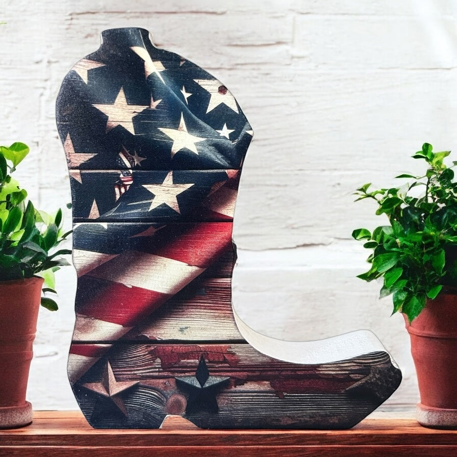 American Flag Wood Cowboy Boot - Patriotic Country Decor