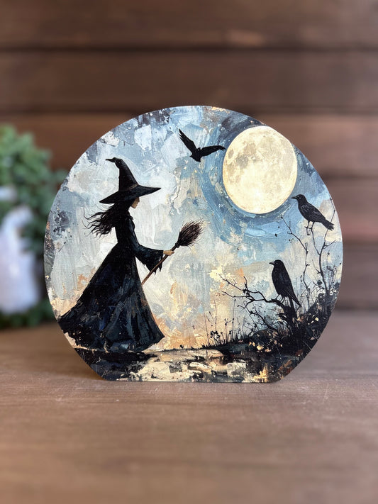 Folk Art Witch -Halloween/Autumn Decor Circle Wood Sign