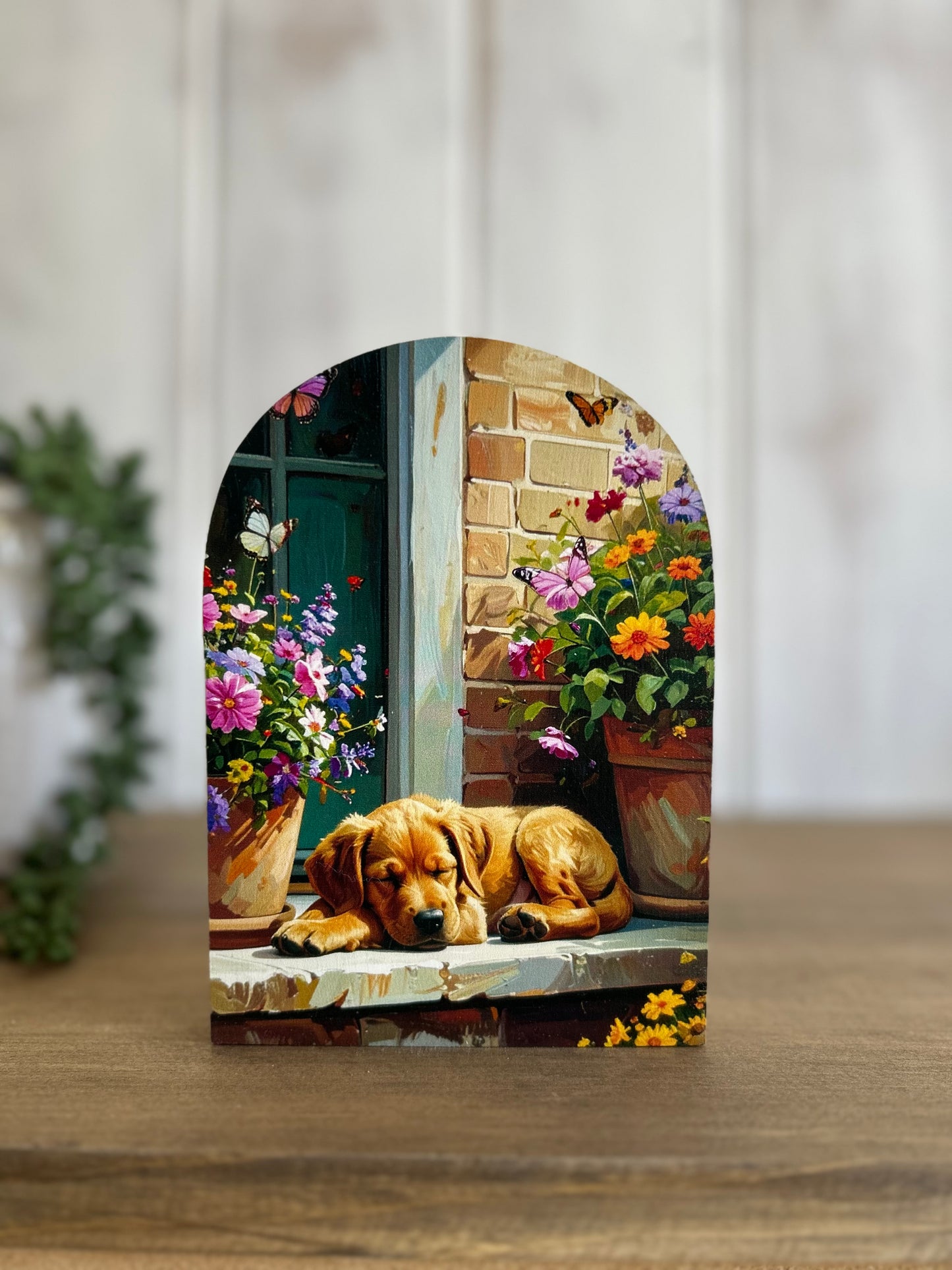 Dog on Porch Wood Arch- Farmhouse Country Animal Decor