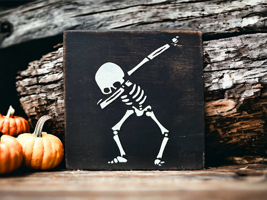 Dabbing Skeleton - Halloween Wood Block Sign