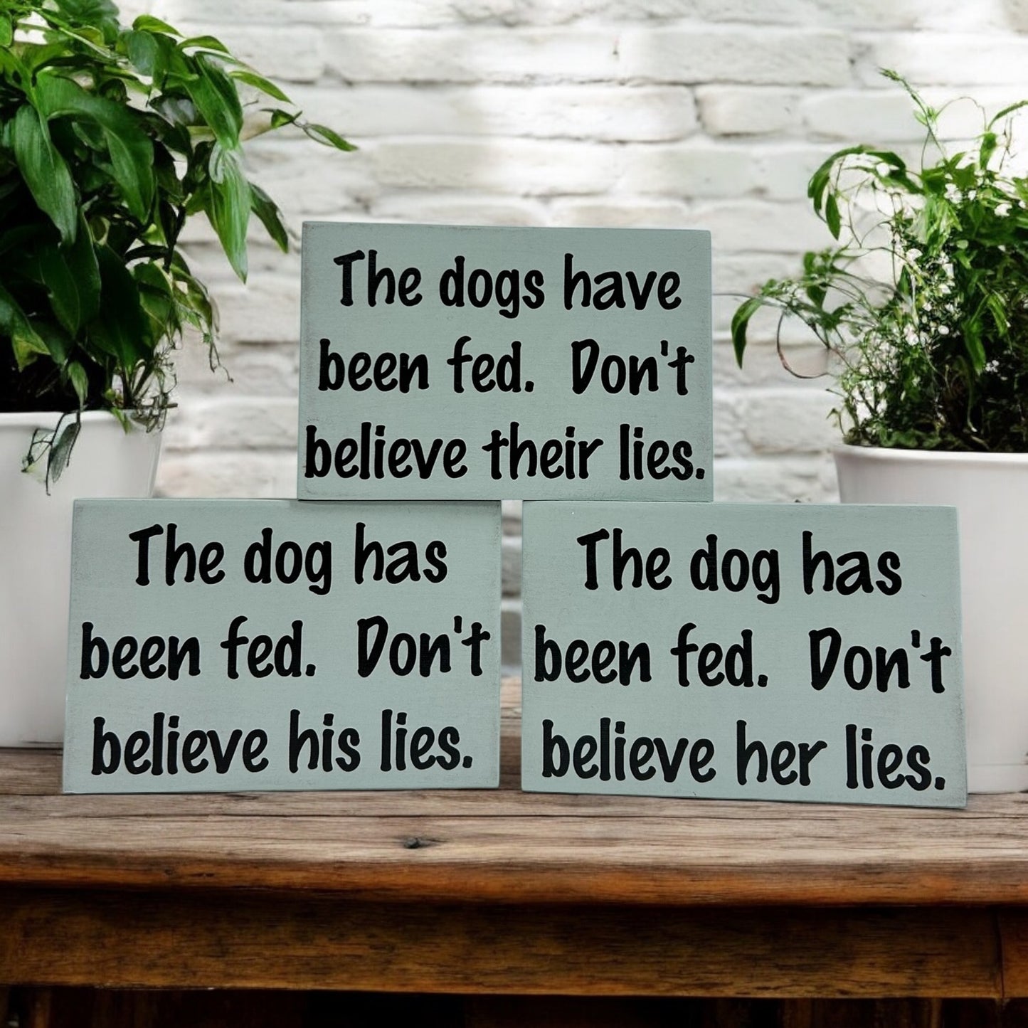 Dog has been fed - Funny Rustic Wood Dog Shelf Sitter Signs