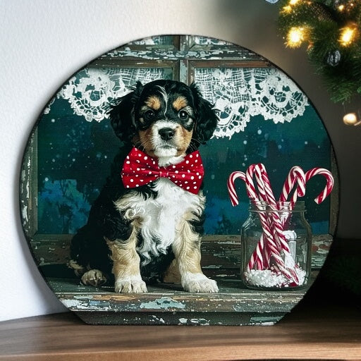 Doggy in the Window - Wood Holiday Decor Circle Sign