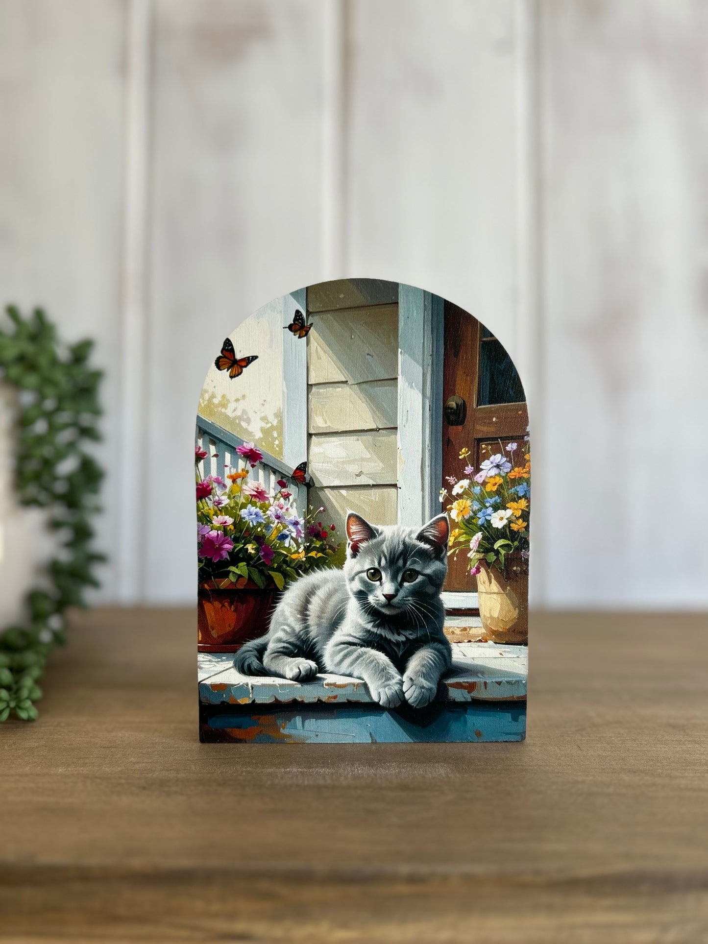 Cat on Porch Wood Arch- Farmhouse Country Animal Decor