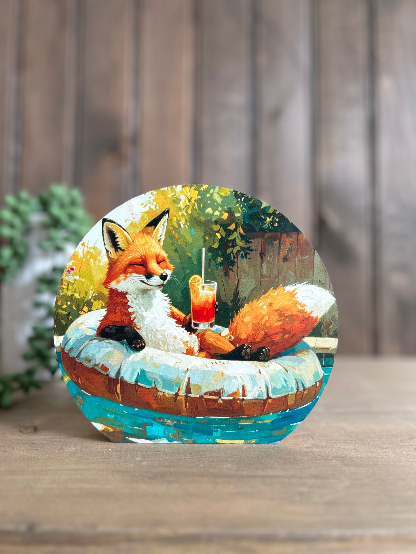 Fox In Tube - Rustic Summer Country Decor Circle Wood Sign