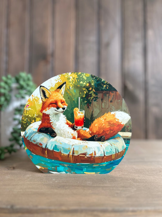 Fox In Tube - Rustic Summer Country Decor Circle Wood Sign